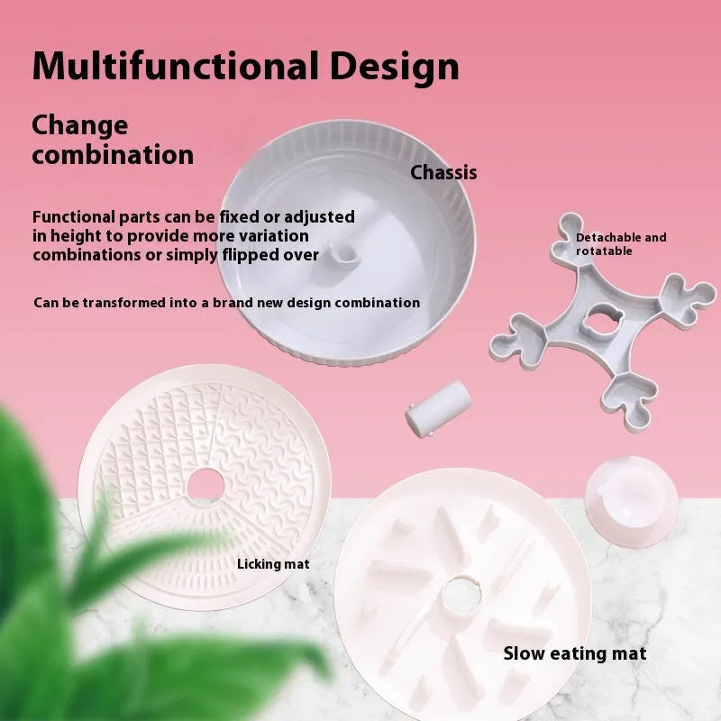 Colourful rotating pet slow feeder bowl with a silicone licking mat in a windmill design.