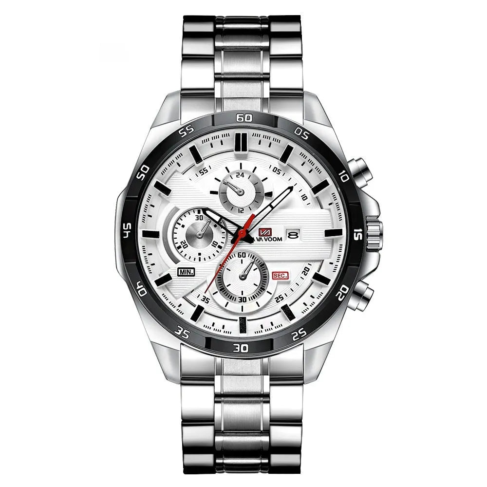 Men's casual quartz watch with business calendar on dial, showing black leather strap and rose gold case option.