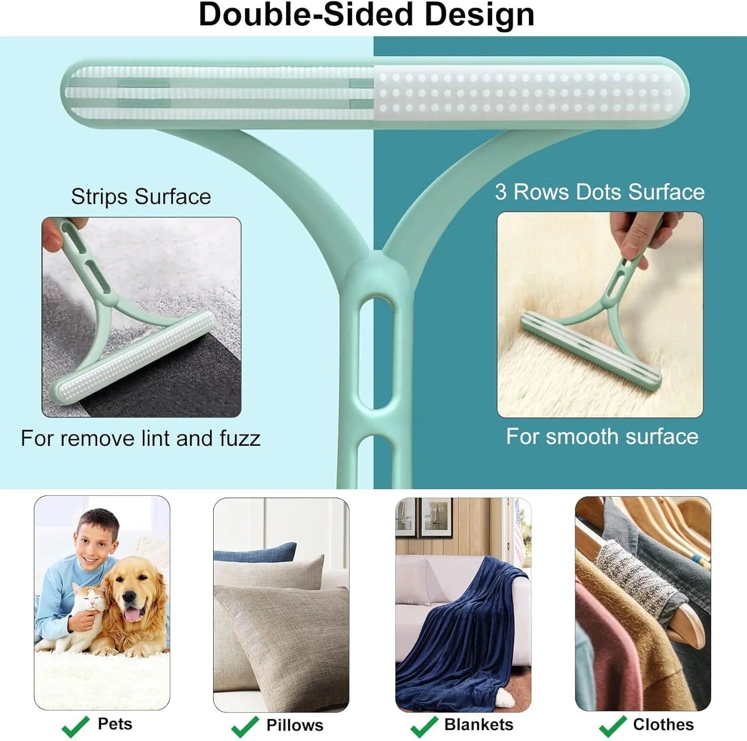 Three-piece pet hair remover set showing metal lint tool, silicone brush, and round scraper for clothes sofa car cleaning