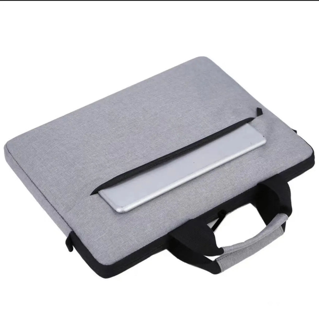 Grey Oxford cloth men's expandable laptop bag with polyester lining and sewing thread detail.