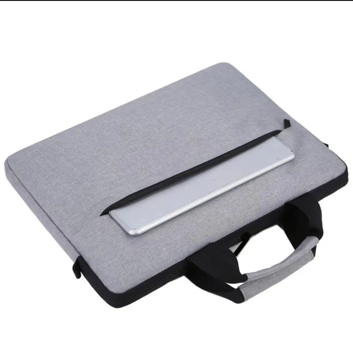 Grey Oxford cloth men's expandable laptop bag with polyester lining and sewing thread detail.
