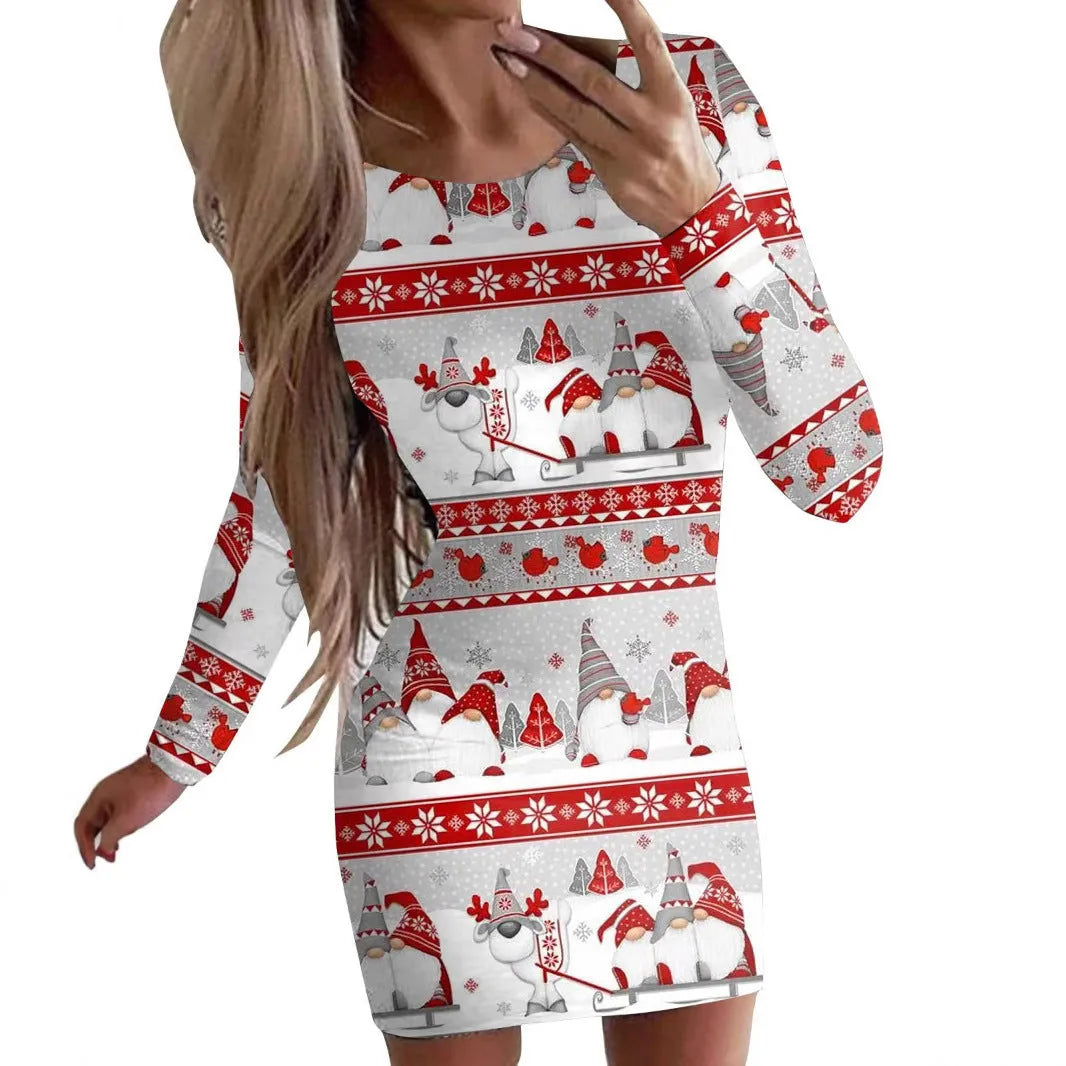 Christmas printed narrow dress with animal pattern design and round neckline