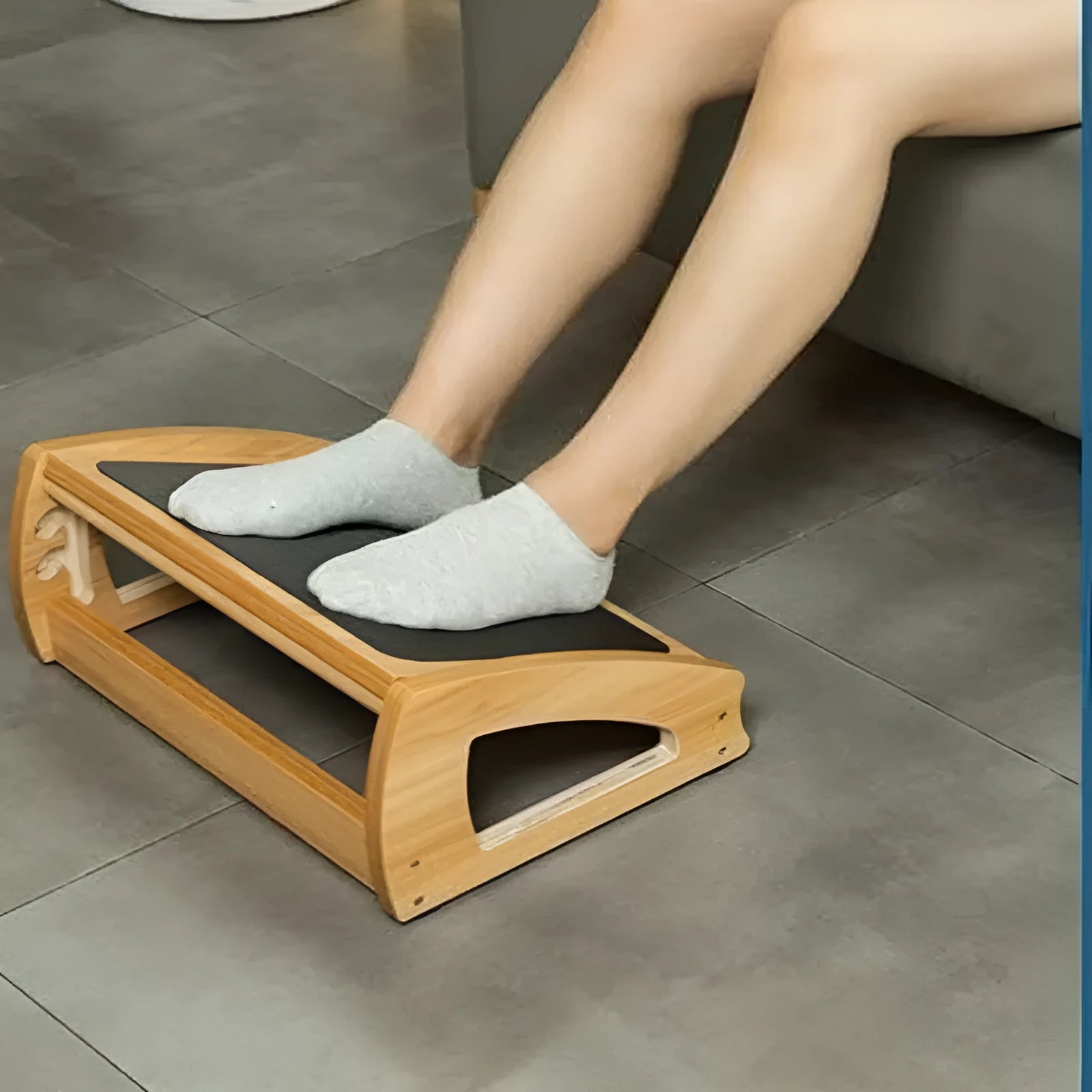 Wooden bamboo adjustable height office desk footstool in natural wood colour