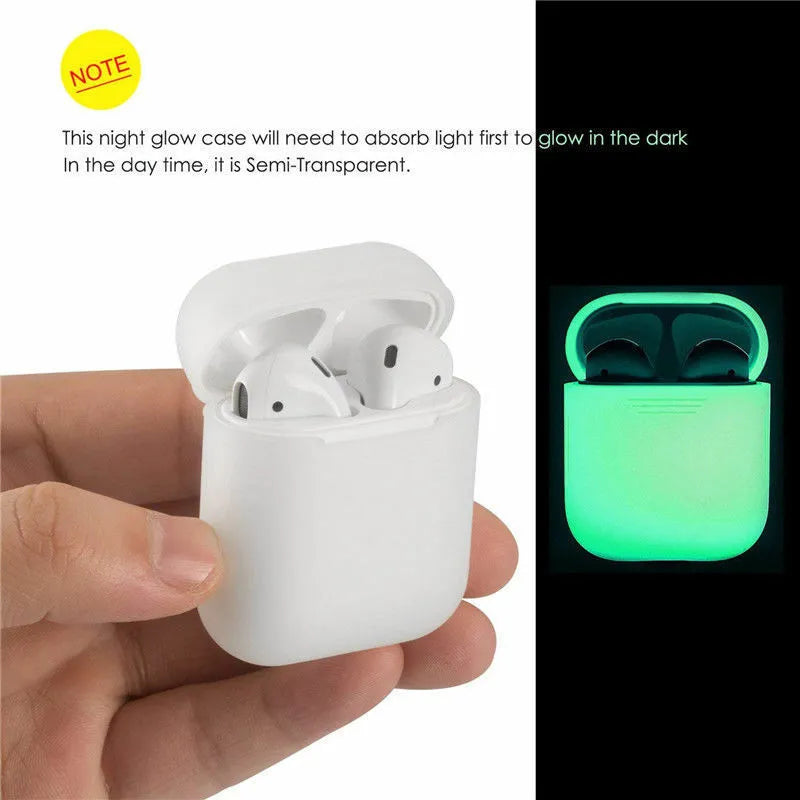 Luminous blue flip-top silicone protective case for Apple AirPods on a dark surface