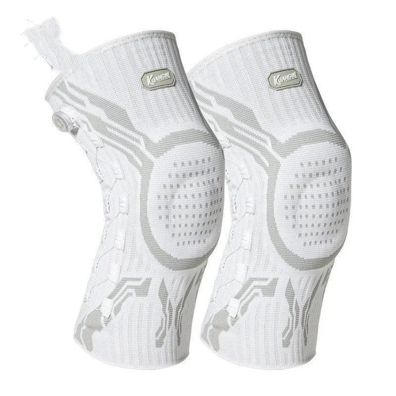 Grey-white sports knee pad shown for left or right foot in M, L, XL sizes for basketball running football