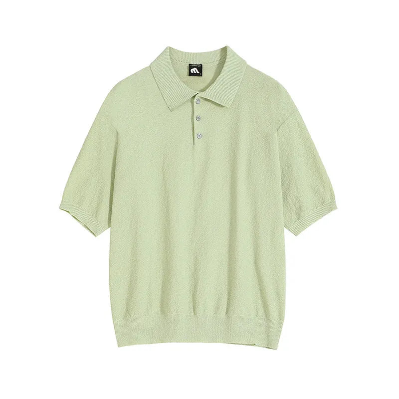 Men's caramel coloured retro knitted polo shirt with short sleeves and asymmetric styling detail