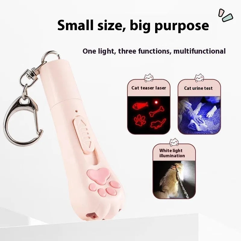 Cat pen light charging toy in plastic, available in cream white, pink, or sky blue with light-up feature.