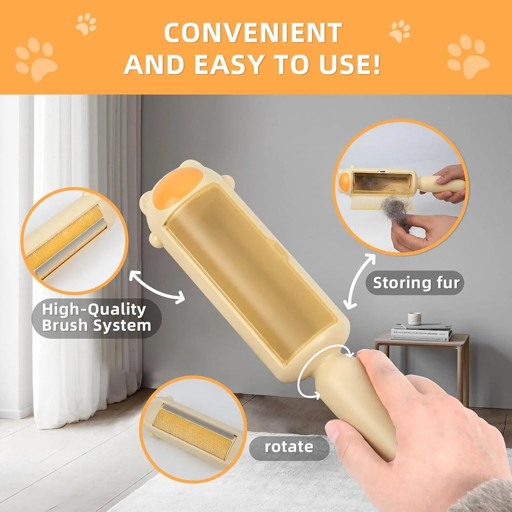 Blue reusable pet hair remover tool with self-cleaning base on a carpet.
