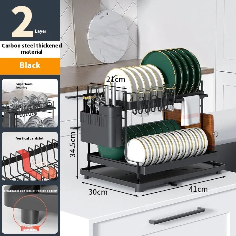 Modern white double-layer kitchen draining and storage rack made from carbon steel.
