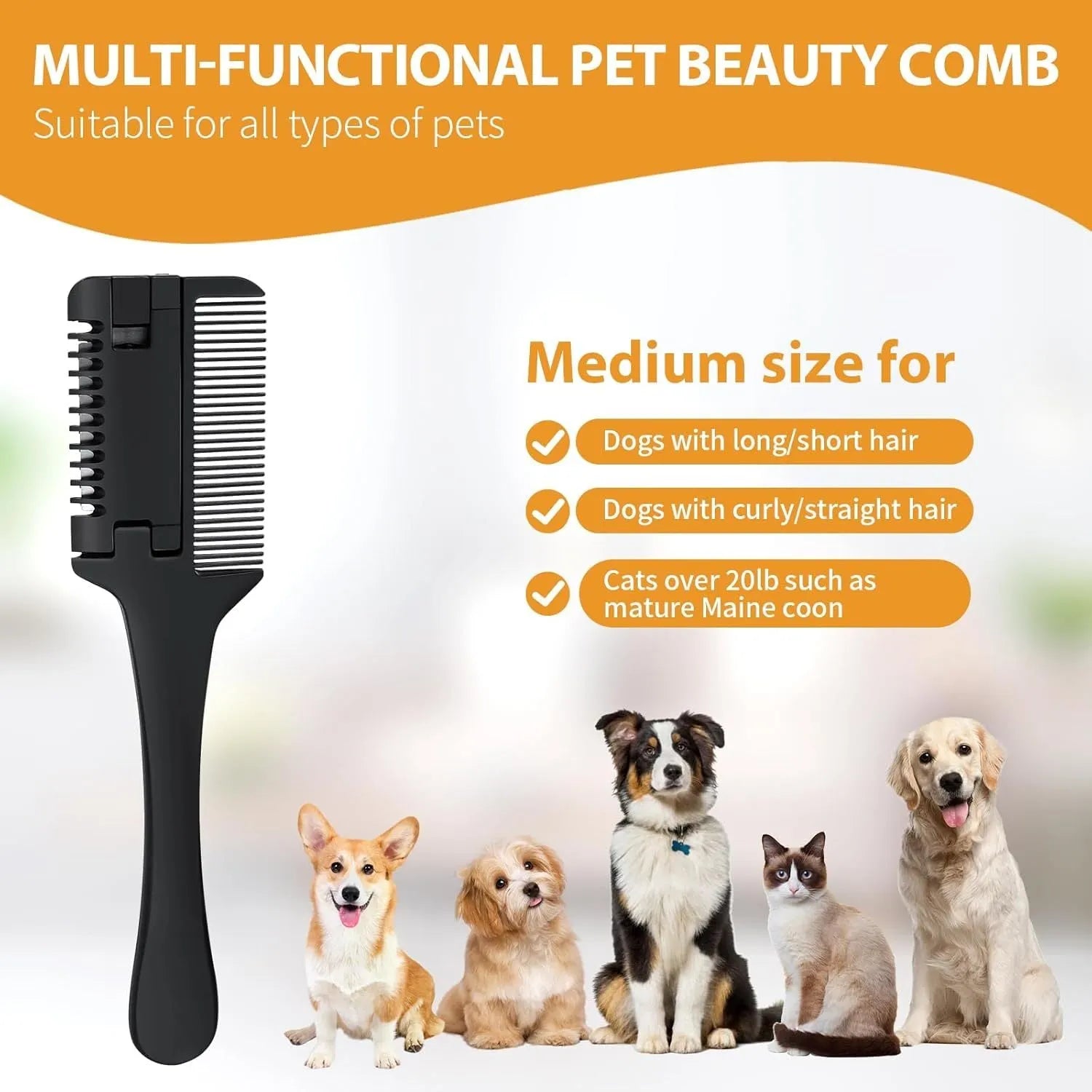 Pet razor comb with comb teeth and trimming blade, includes 10 spare blades for dog and cat grooming.