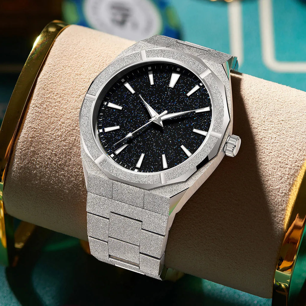 Men's frosted stainless steel business watch with luminous markers in silver, gold and black colour options