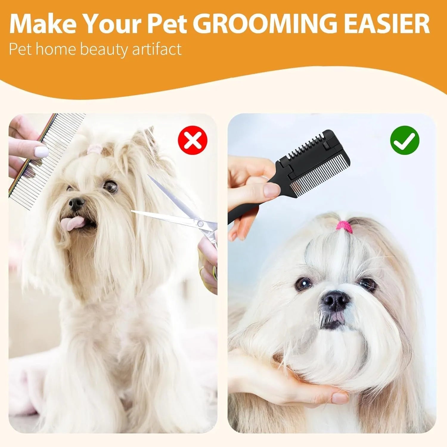 Pet razor comb with comb teeth and trimming blade, includes 10 spare blades for dog and cat grooming.