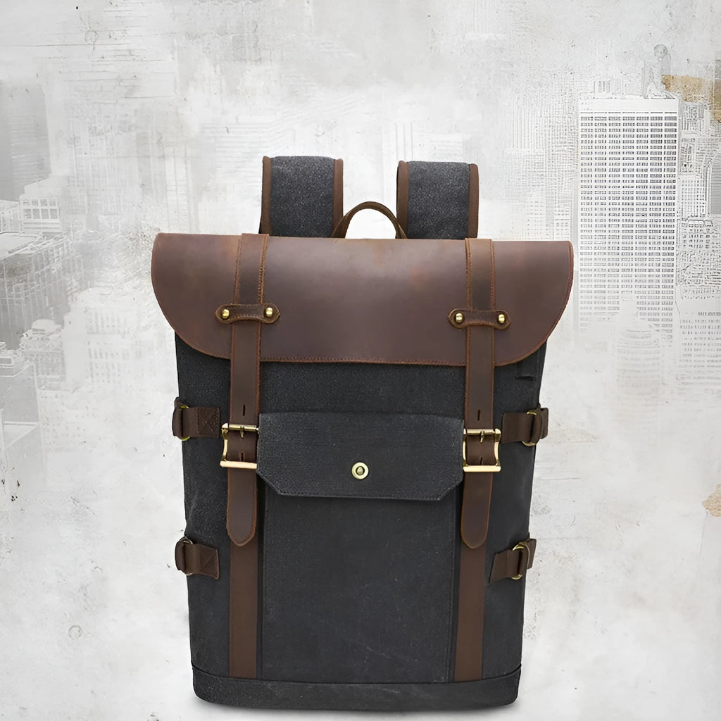 Solid colour canvas computer backpack with USB charging port and curved shoulder straps