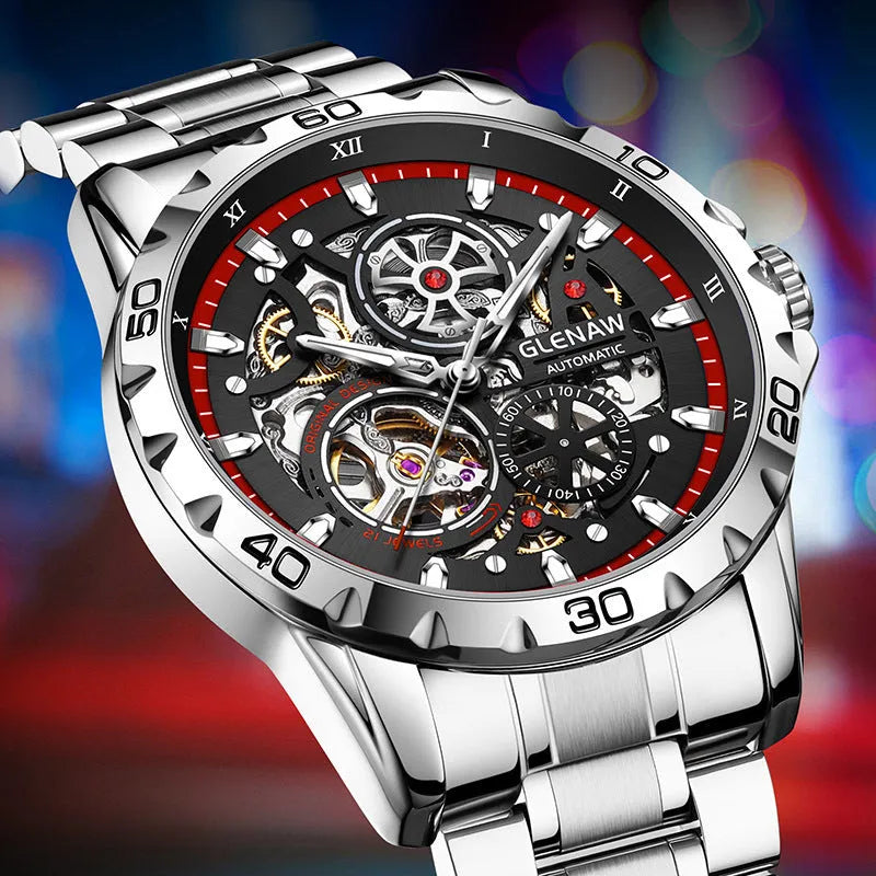 Men's automatic mechanical watch with hollow-out design, luminous hands and stainless steel strap