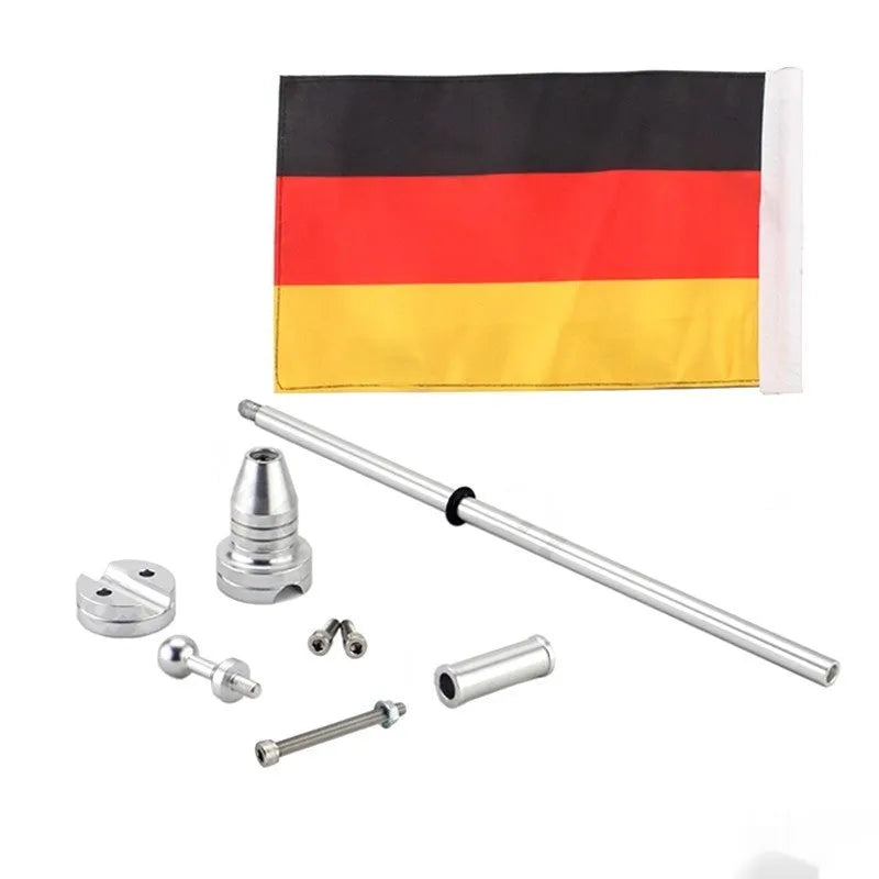Side box bumper flagpole for motorbike luggage racks in black aluminium and silver steel options