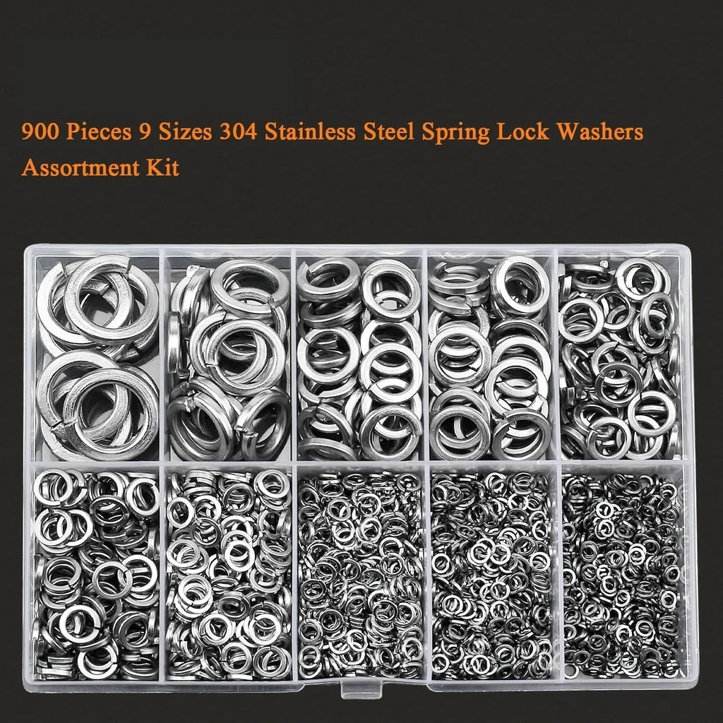 Open box showing assortment of 304 stainless steel spring and flat washers in various sizes.