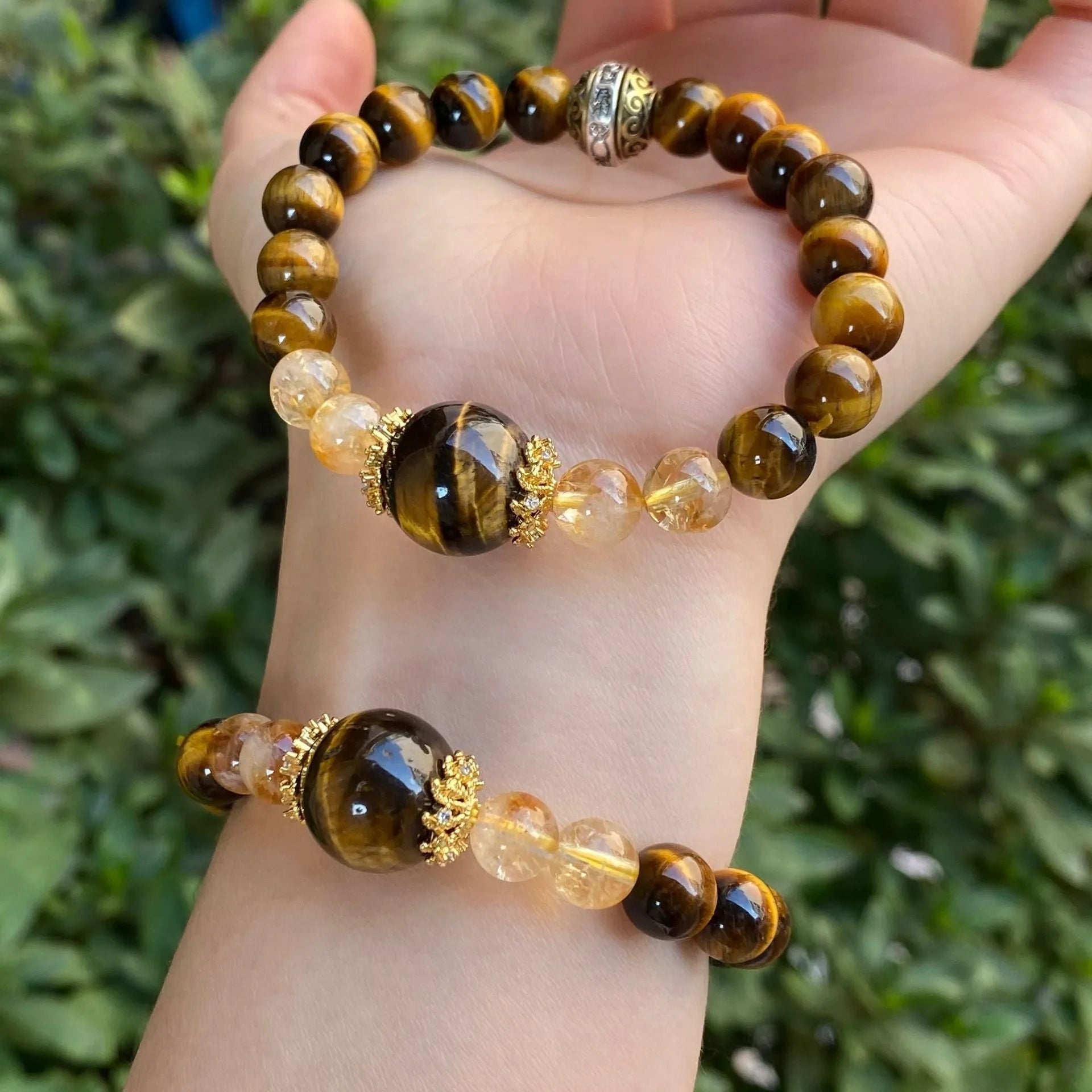 Handmade crystal bracelet with diamond gourd, topaz stones, and electroplated finish showing 8mm and 10mm components