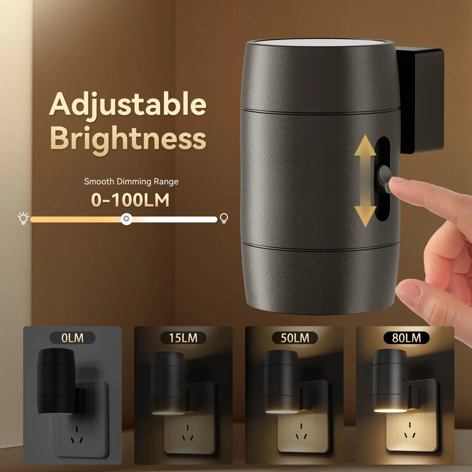 A small white plug-in night light with an adjustable head, shown next to a power socket for scale.