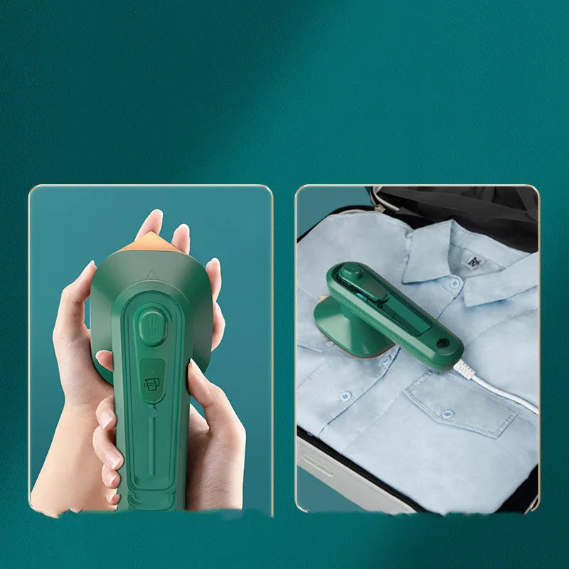 Dark green handheld portable garment ironing machine with titanium metal panel