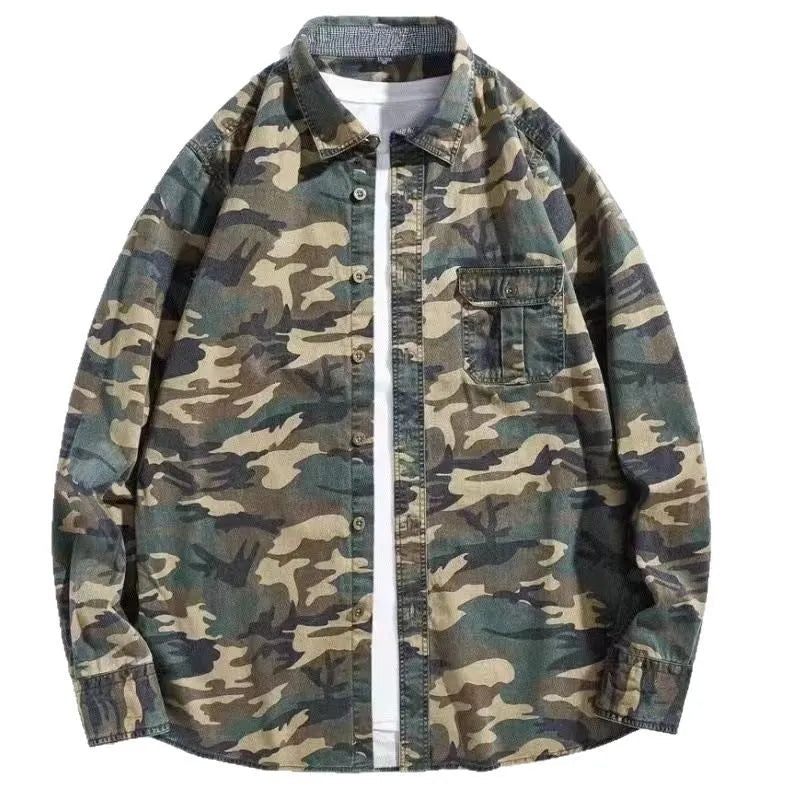 Retro loose fit men's camouflage long sleeve cardigan jacket in green cotton blend