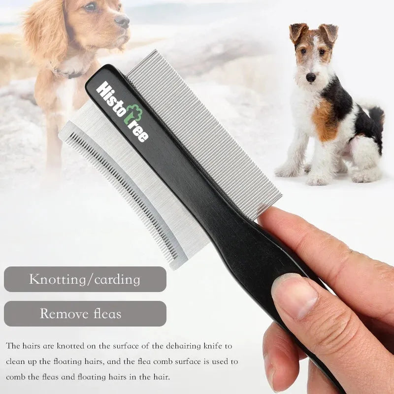 Black wood-handled pet grooming comb with double-sided stainless steel teeth for cat and dog grooming
