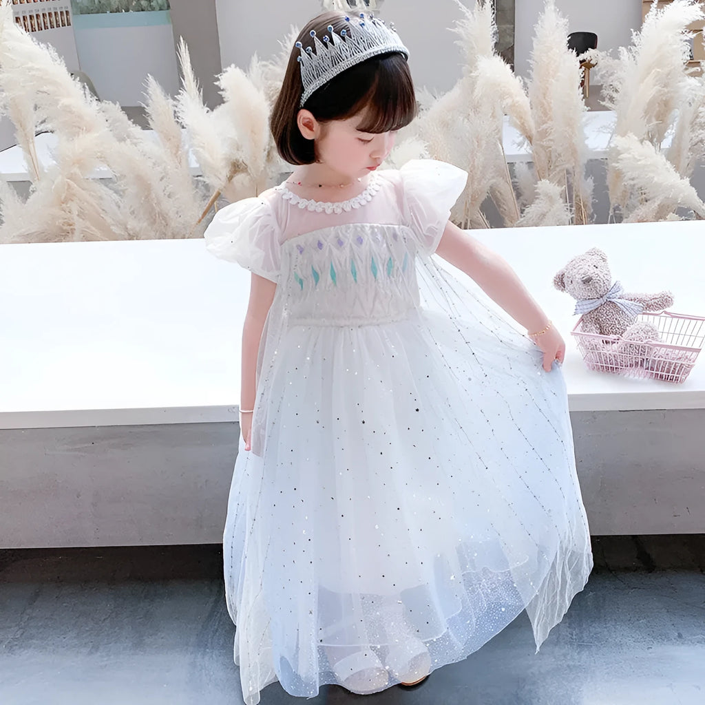 Girls Princess Elsa gradient dress with cotton lining, short sleeves, A-line skirt, colours include gradient Elsa and silver cloak