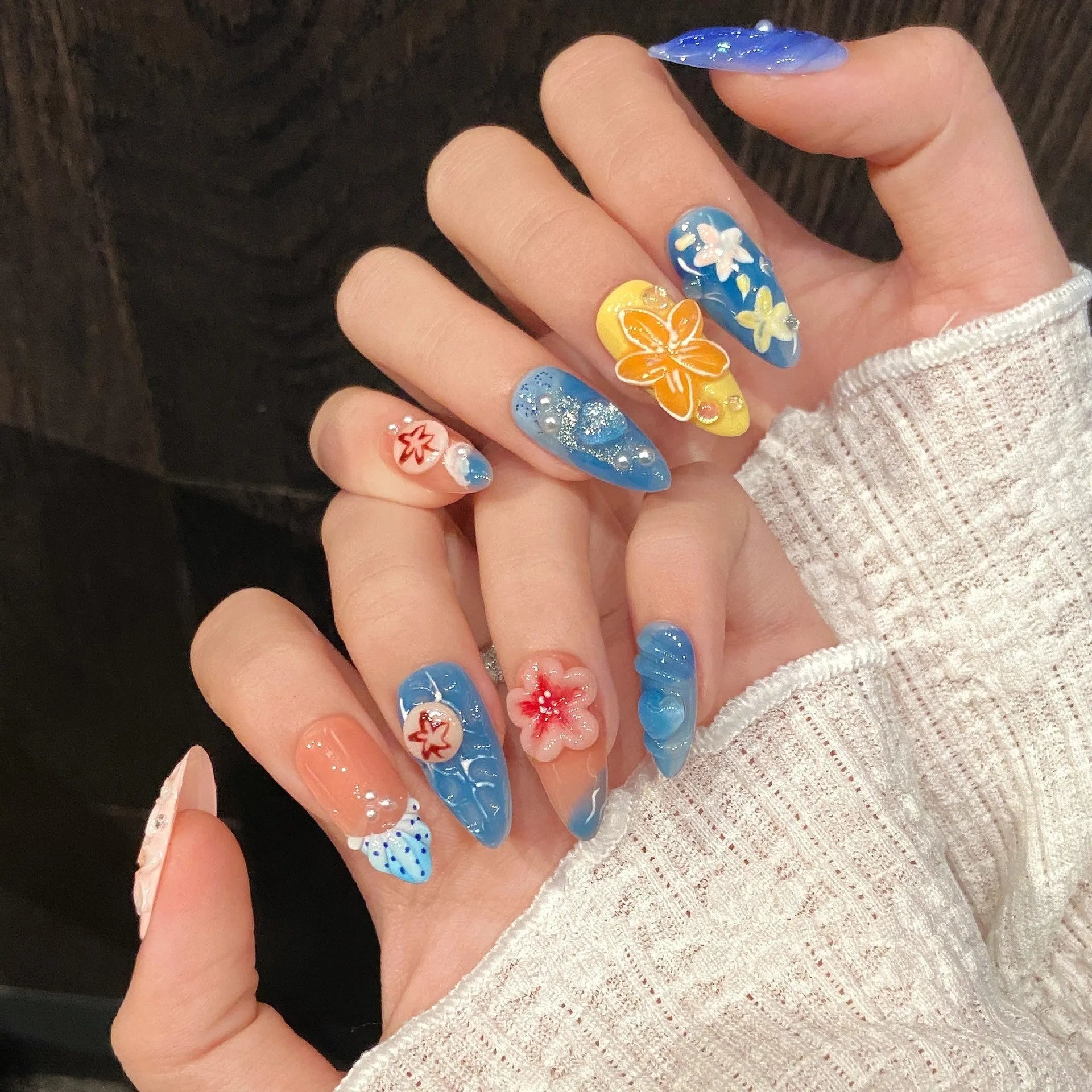 3D carved jellyfish plastic wearable armour set in almond nail colour with rose and tulip patterns