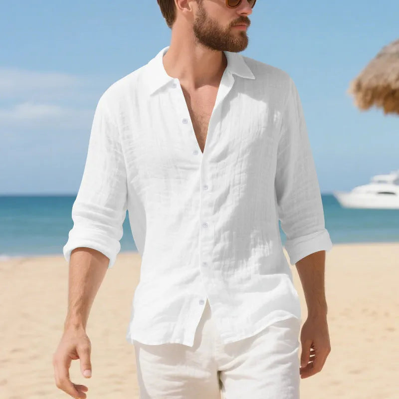 Man wearing a relaxed-fit light blue linen casual shirt with a non-iron finish