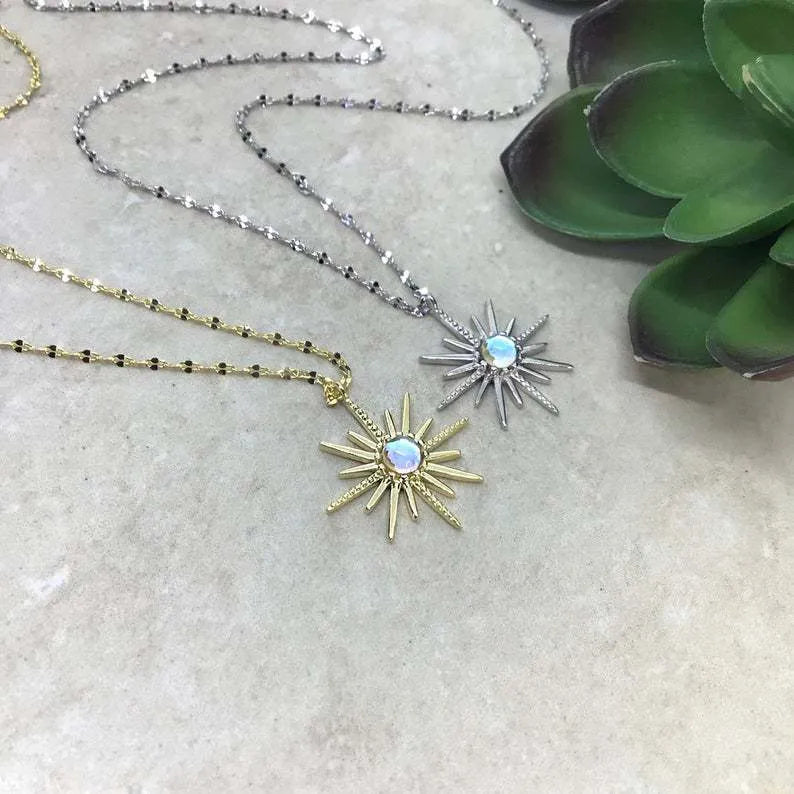 Gold sun god necklace with geometric synthetic opal pendant on a 45cm cross chain with 5cm extension