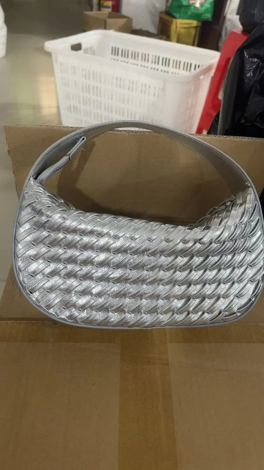 Silver Korean-style PU crossbody shoulder bag with weaving detail horizontal rectangular shape
