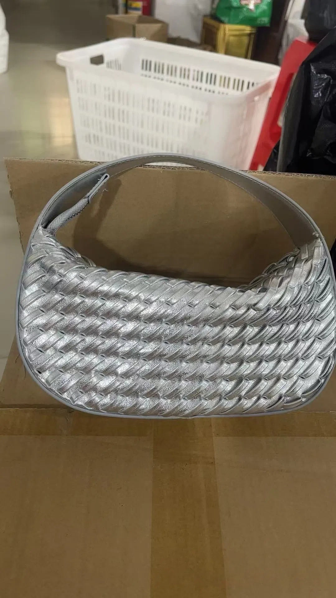 Silver Korean-style PU crossbody shoulder bag with weaving detail horizontal rectangular shape