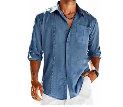 Men's grey casual long sleeve button-up shirt with polo collar and lace-trimmed chest pocket.