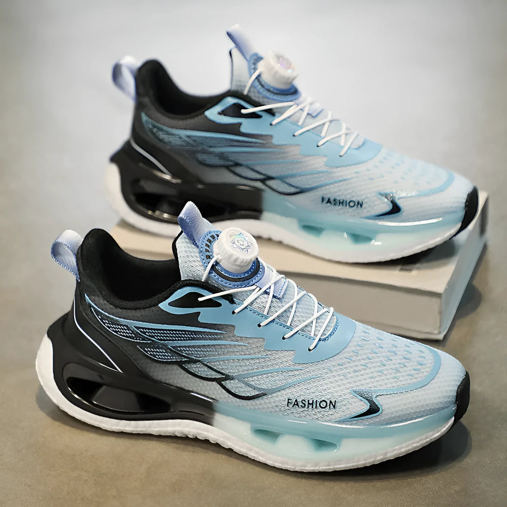 Youth button sneaker with rotating shock absorption system in light blue mesh option showing low-top design