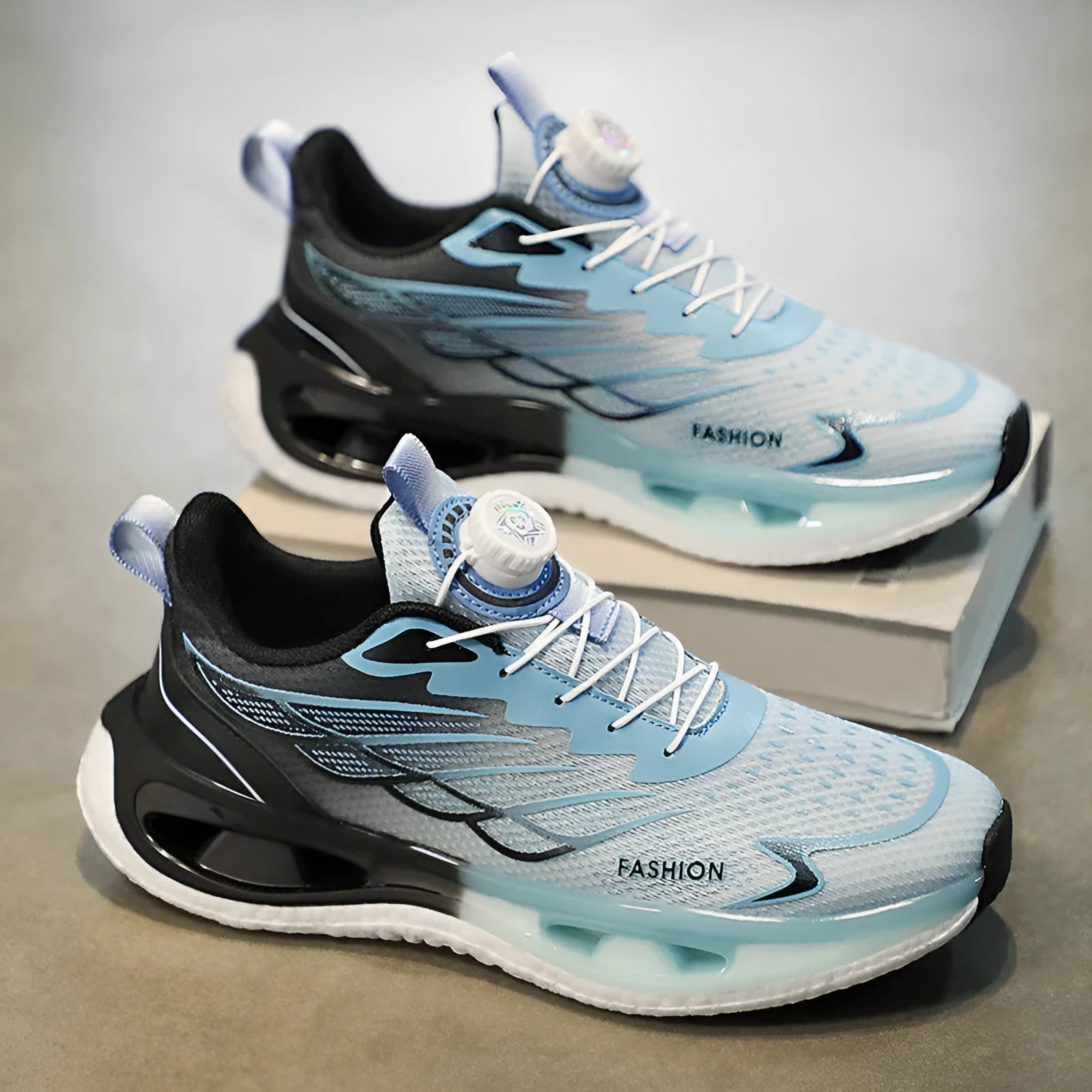 Youth button sneaker with rotating shock absorption system in light blue mesh option showing low-top design