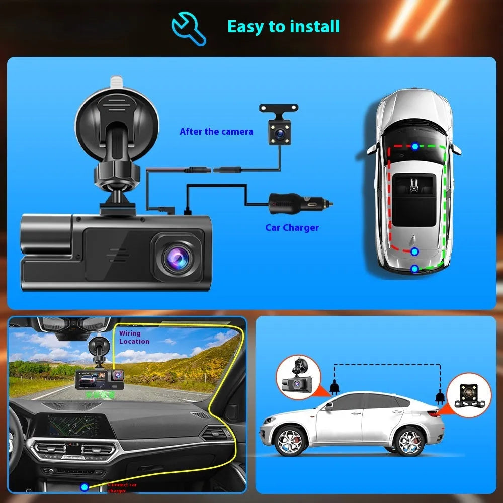 Black WiFi driving recorder with 2-inch screen mounted behind car rear-view mirror