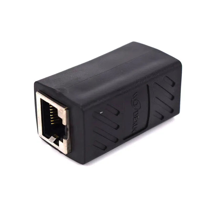 Black RJ45 network cable extender adapter connecting two Ethernet cables.