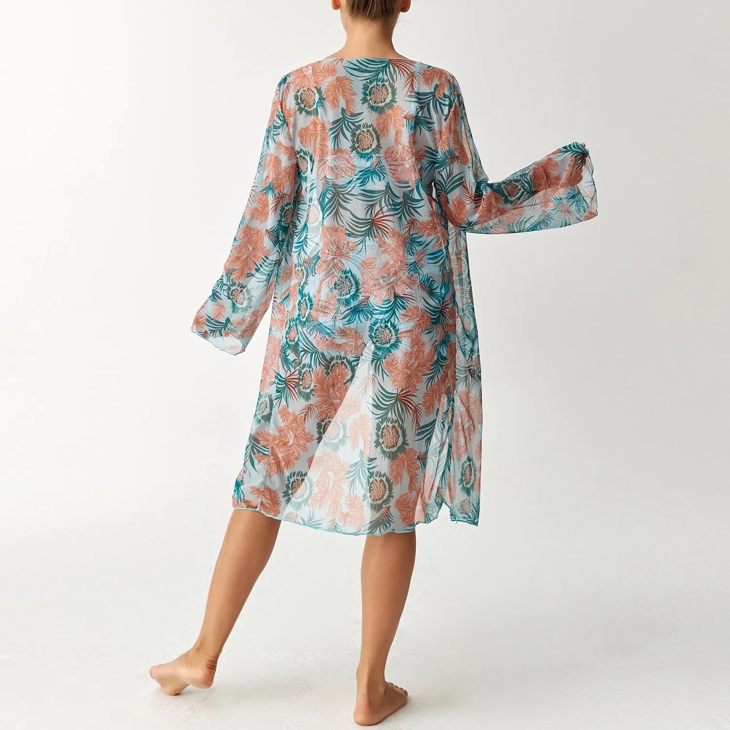 Women's three-piece swimsuit set with long sleeve blouse in pink, black, white, and sapphire blue