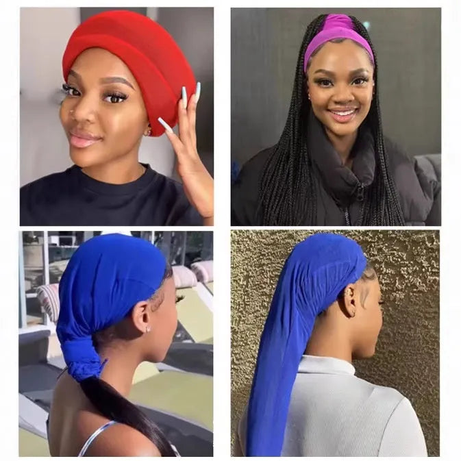 High elasticity mesh wig cap in multiple colours including black, leopard print, and light blue, shown on a model.