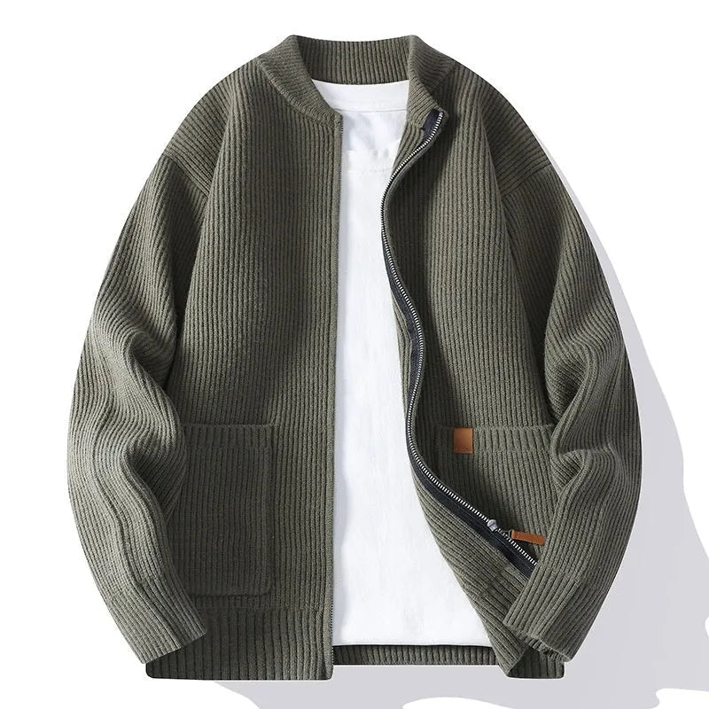 Men's straight-fit striped sweater cardigan in a choice of five colours on a size chart.