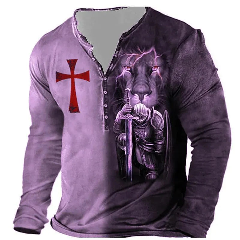 Men's long-sleeved open placket digital print camouflage T-shirt in bird eye cloth polyester fiber