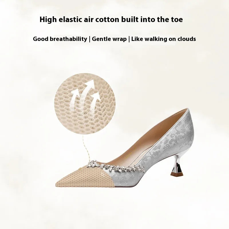 Chinese style wedding high heels with satin upper and rhinestone decoration in champagne colour