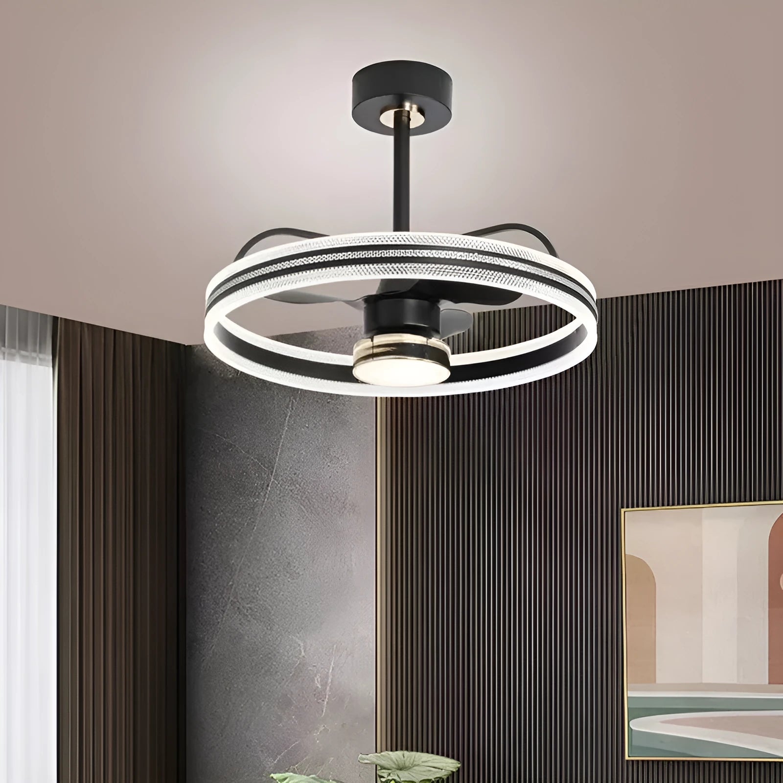Modern ceiling fan light with remote control and three-colour LED lighting in black or gold finish