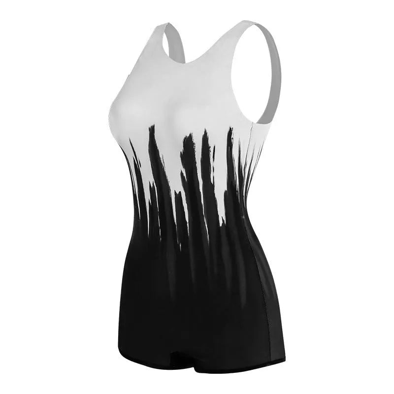 Black printed polyester one-piece ladies swimsuit for conservative swimming.