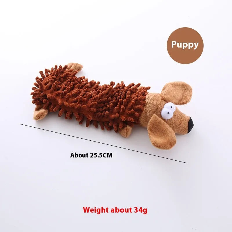 Plush microfibre horse molar dog chew toy showing brown dog, yellow duck, and white chicken designs