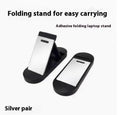 Silver foldable aluminium laptop bracket shown next to 3M adhesive glue on desktop