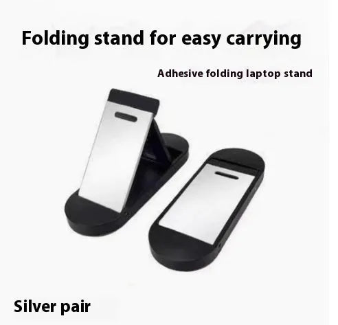 Silver foldable aluminium laptop bracket shown next to 3M adhesive glue on desktop