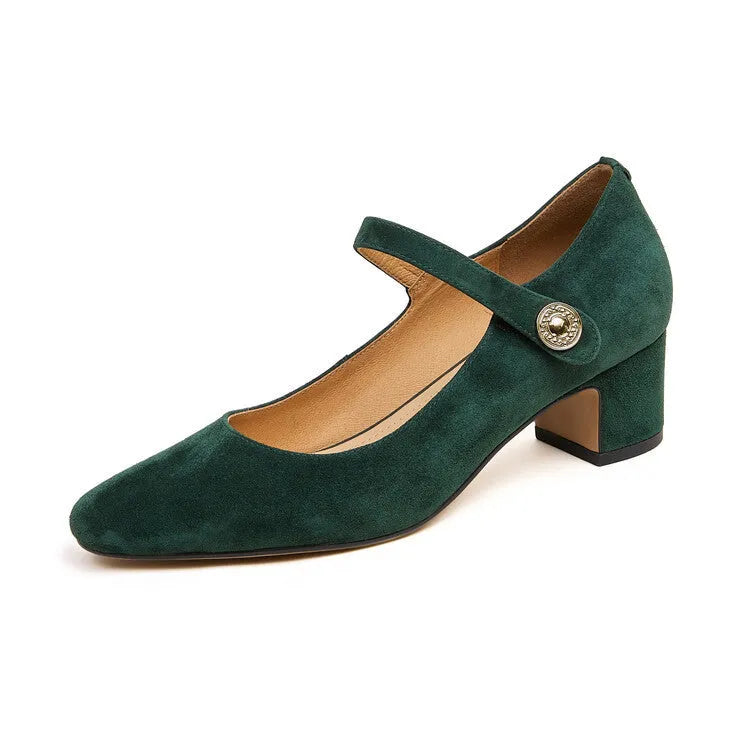 Women's black suede Mary Jane pumps with a chunky heel and square toe on a white background.
