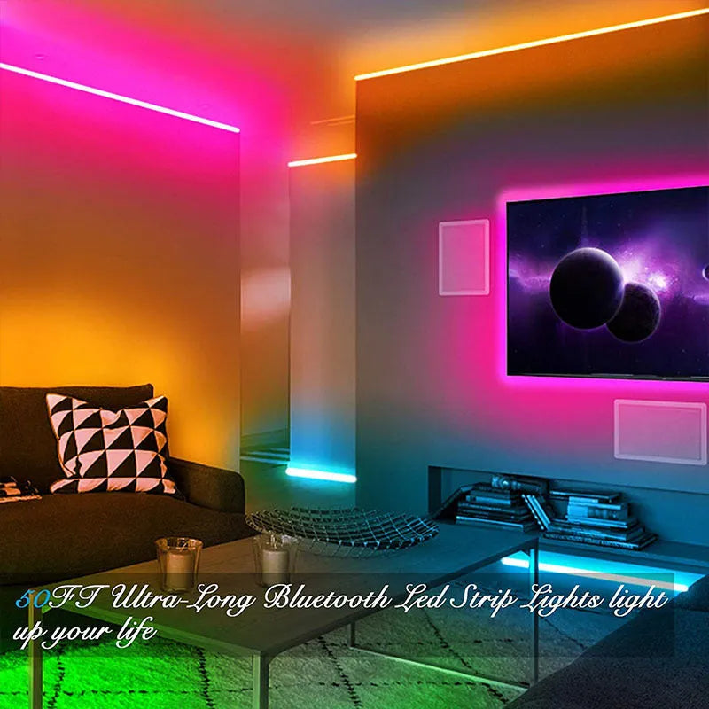12V RGB LED light strip with Bluetooth remote on a white background.