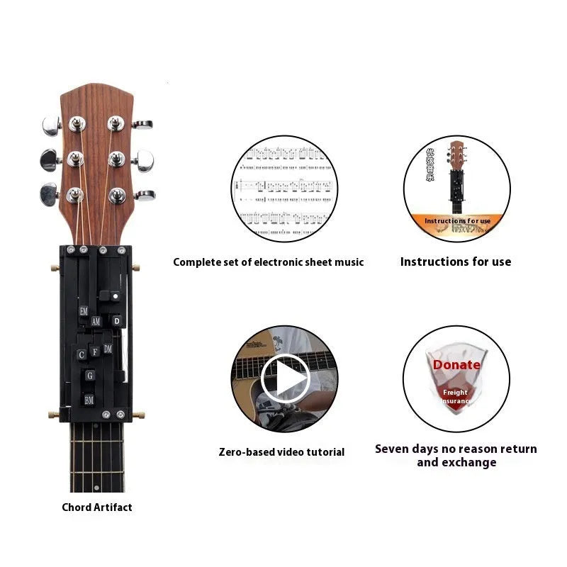 Black auxiliary guitar chord maker device with automatic gear for novice second chord practice.