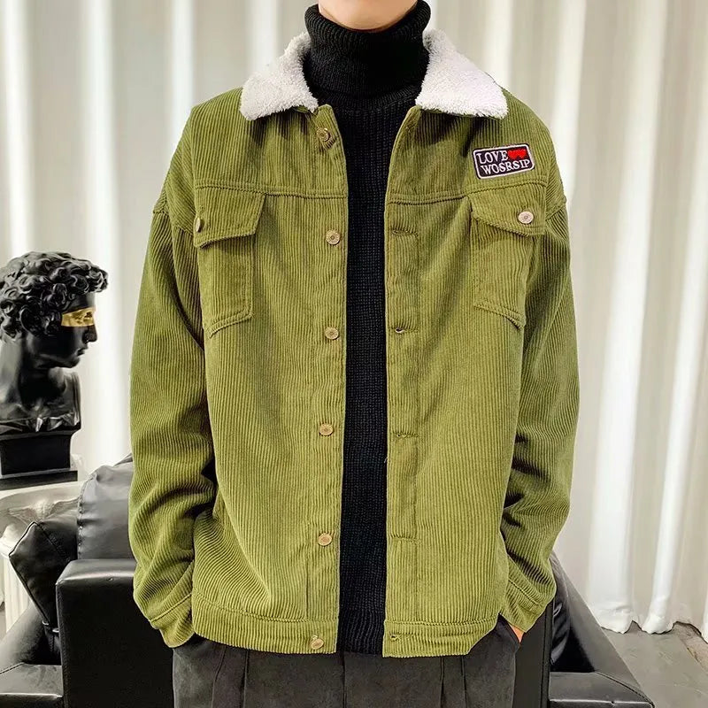 Men's loose fit corduroy workwear jacket in khaki, green or black with stick pockets